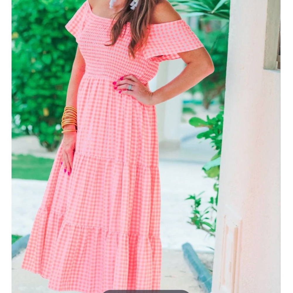 Neon coral checkered midi maxi dress